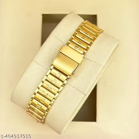 Rectangle Design Day & Date Function Gold Dial Men Watch & Original Gold Plated Adjustable Bracelet Quartz Analog Watch - For Men
