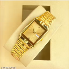 Rectangle Design Day & Date Function Gold Dial Men Watch & Original Gold Plated Adjustable Bracelet Quartz Analog Watch - For Men